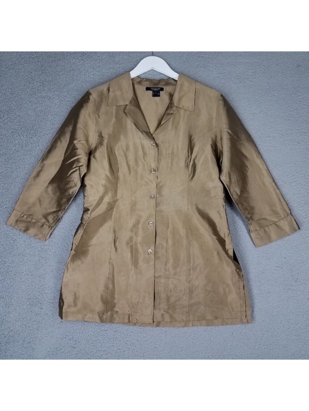 Karen Kane Button Up Shirt Women's Large Tunic Office Career Brown Gold Shiny